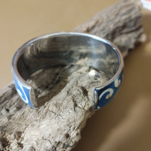 Conch Shell Inlay Swirl Textured Cuff Bracelet Blue Pink White Natural Stone - Picture 13 of 14